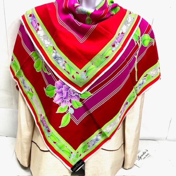 Leonard Paris Accessories - Unused Leonard Paris 100% Silk Scarf Vibrant Pink Green Floral Italy Made33"(33